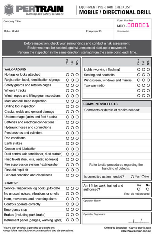 Mobile / Direction Drill Pre-Start Inspection form