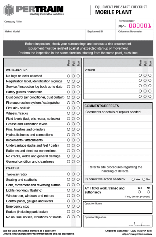 Mobile Plant Pre-Start Inspection Checklist Book