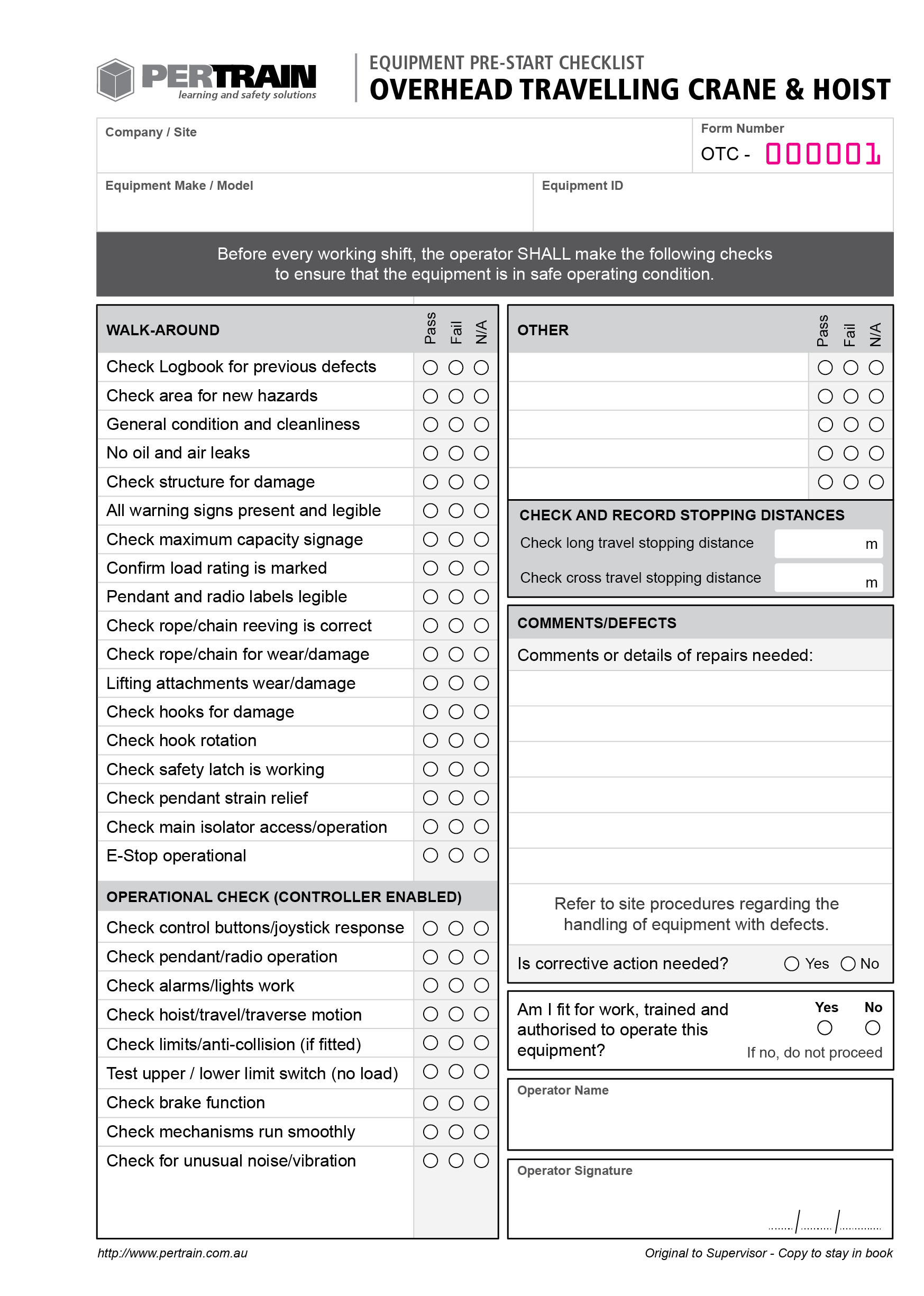 Overhead Travel Crane and Hoist Pre-Start Checklist Book