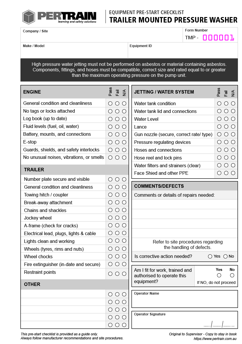 Mobile Trailer Pressure Washer Pre-Start Checklist Book
